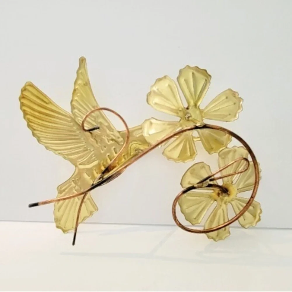 Vintage Metal Brass Hummingbird Flower Wall Art Homco Hollywood MCM Boho